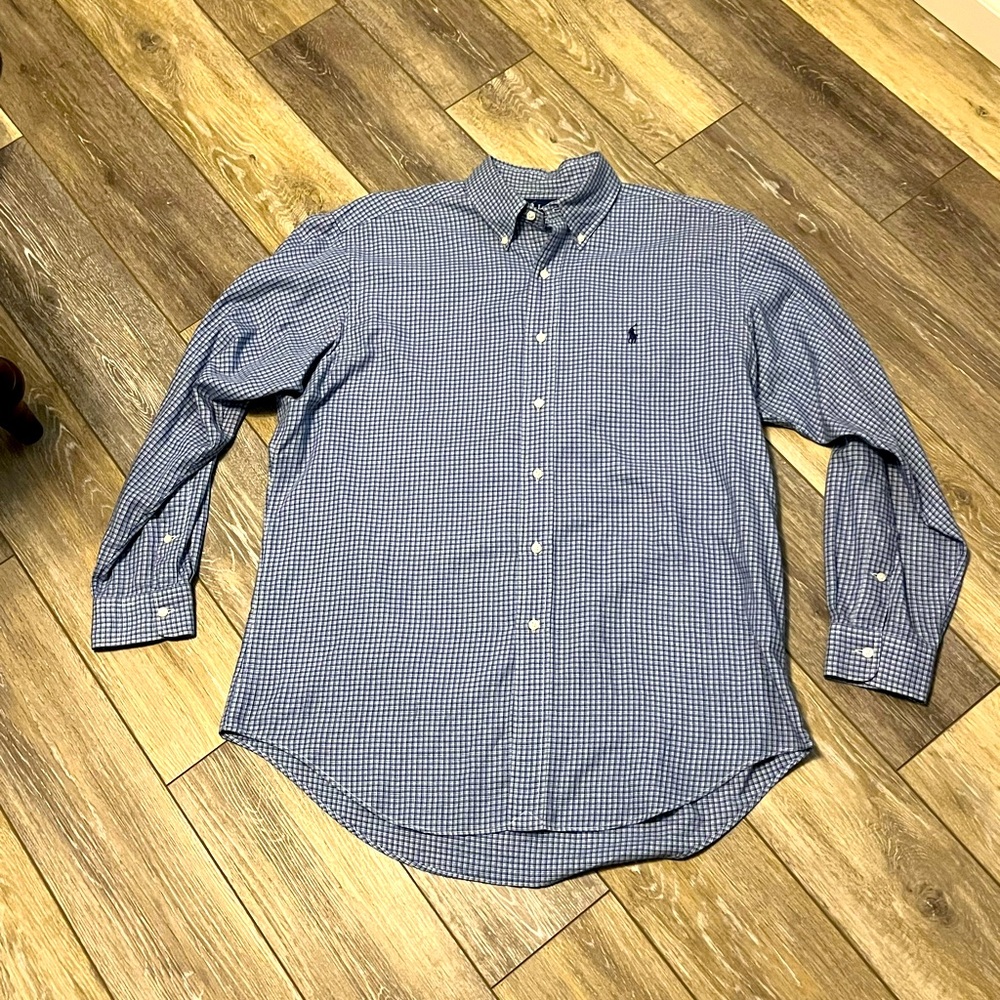 Blue plaid long sleeved Polo shirt